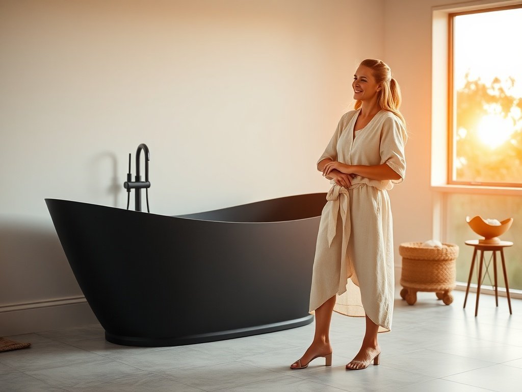 How a 67″ Matte-Black Freestanding Tub Can Make a Basic Bathroom Feel Custom in One Upgrade
