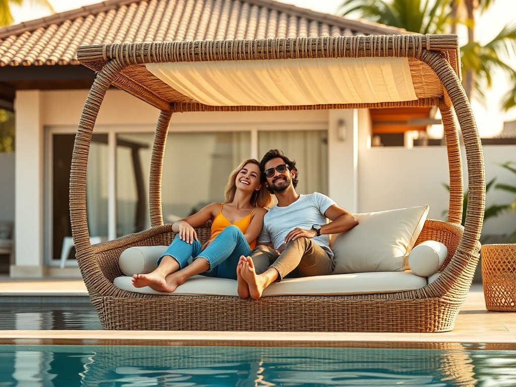 Turn a plain poolside into a private resort lounge in one afternoon with a shaded 2-person daybed