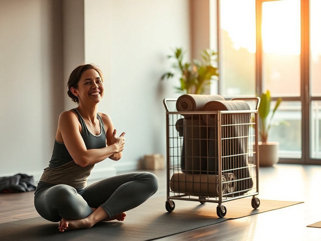 Turn yoga clutter into a calm studio corner with a rolling cart that stores up to 20 mats