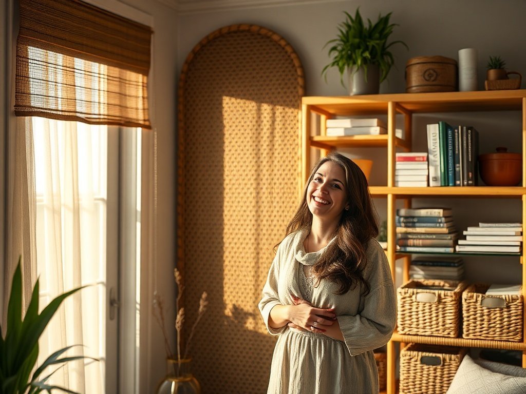 Turn one cramped corner into a styled tiny-house library with a 70.5″ tall boho bookcase that hides clutter in plain sight