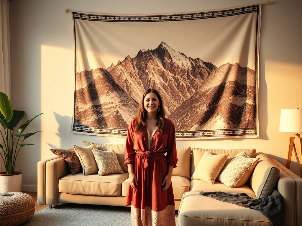 One 59″ x 38″ mountain tapestry can turn a blank wall into a calm boho focal point