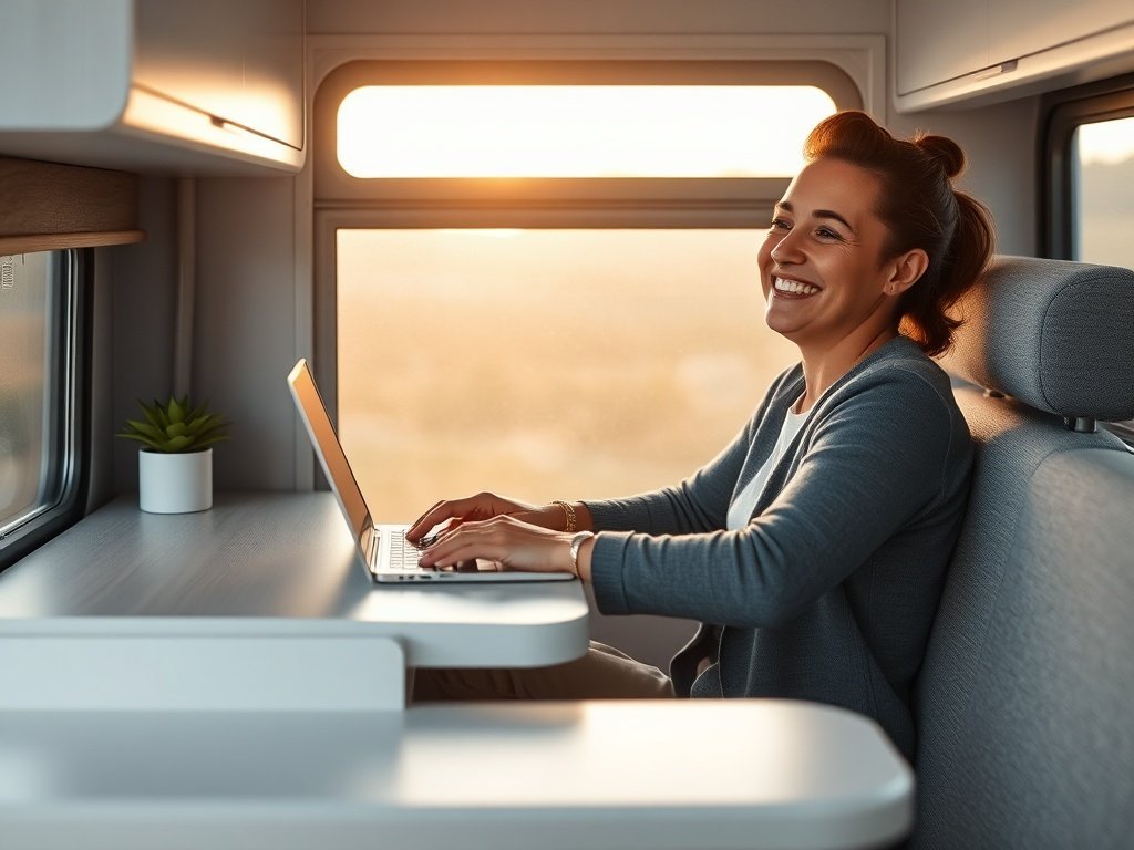 Turn one cramped RV corner into a real 3-in-1 remote office with a fold-out desk that closes away in seconds