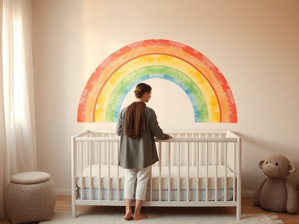 Turn a blank nursery wall into a calmer room in 10 minutes with a removable watercolor rainbow decal