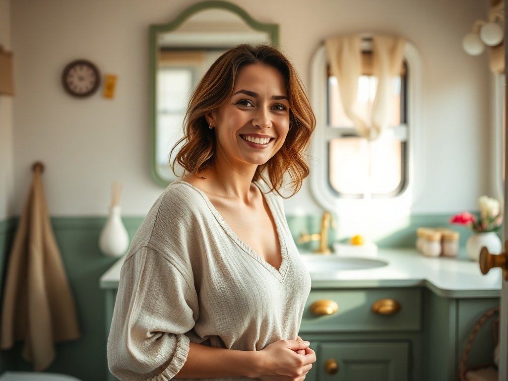 From cramped camper bathroom to retro pastel showpiece in 1 update: the 30-inch sage green vanity that anchors the whole space