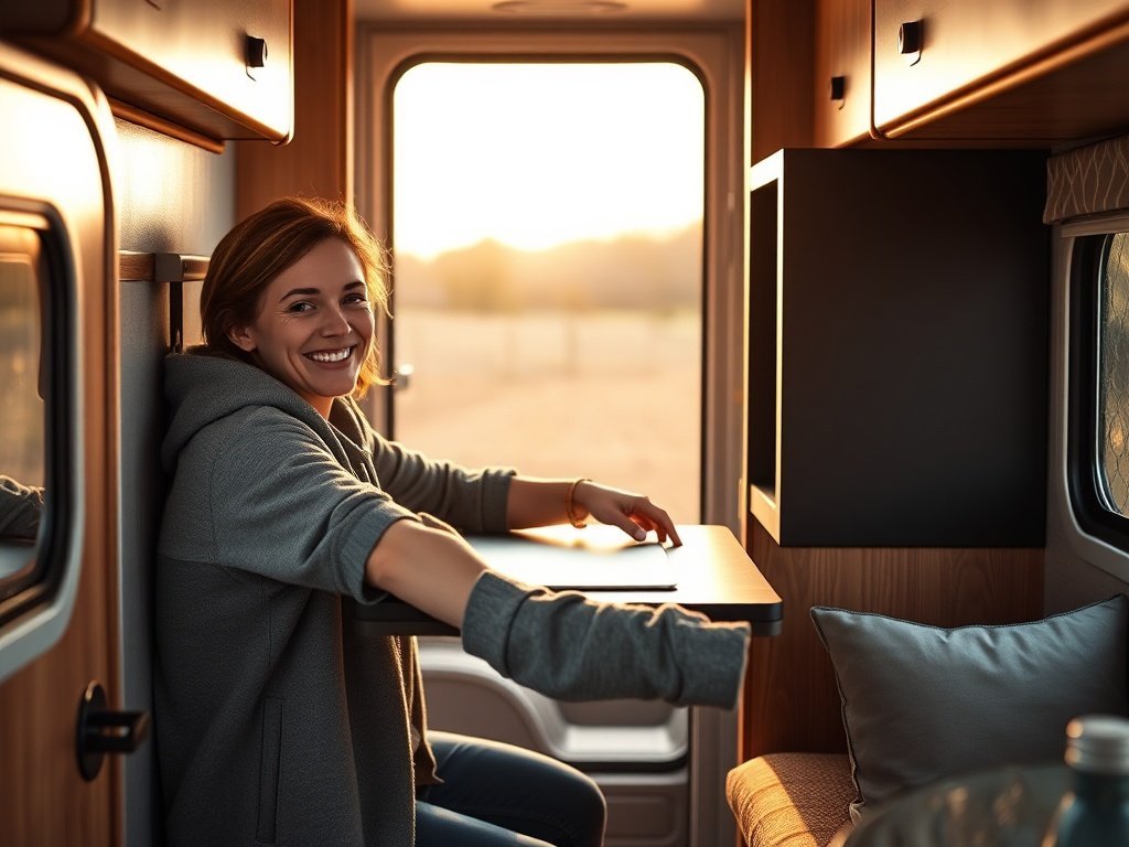 Turn one cramped camper wall into a 3-in-1 work, meal, and laundry zone with a fold-down table that disappears when you’re done