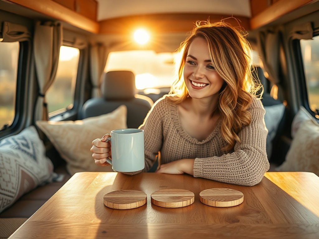Turn a bare camper table into a finished boho-coastal setup in 1 minute with bamboo coasters