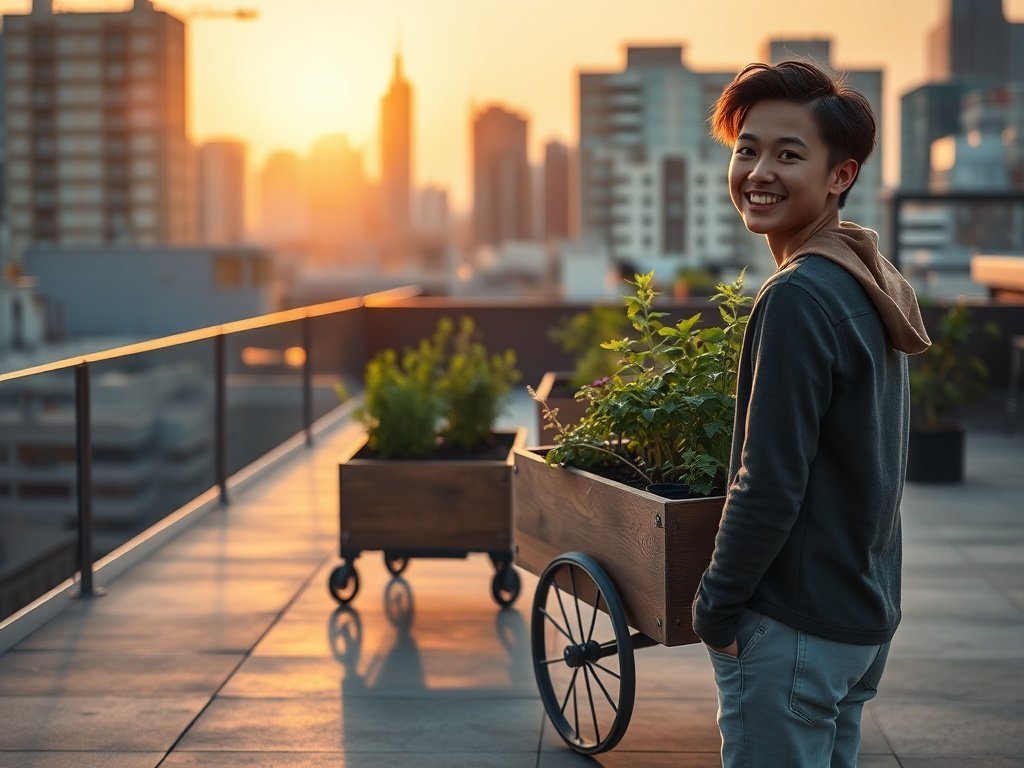 Turn a cramped rooftop into a movable herb garden with a wheeled raised bed for small spaces