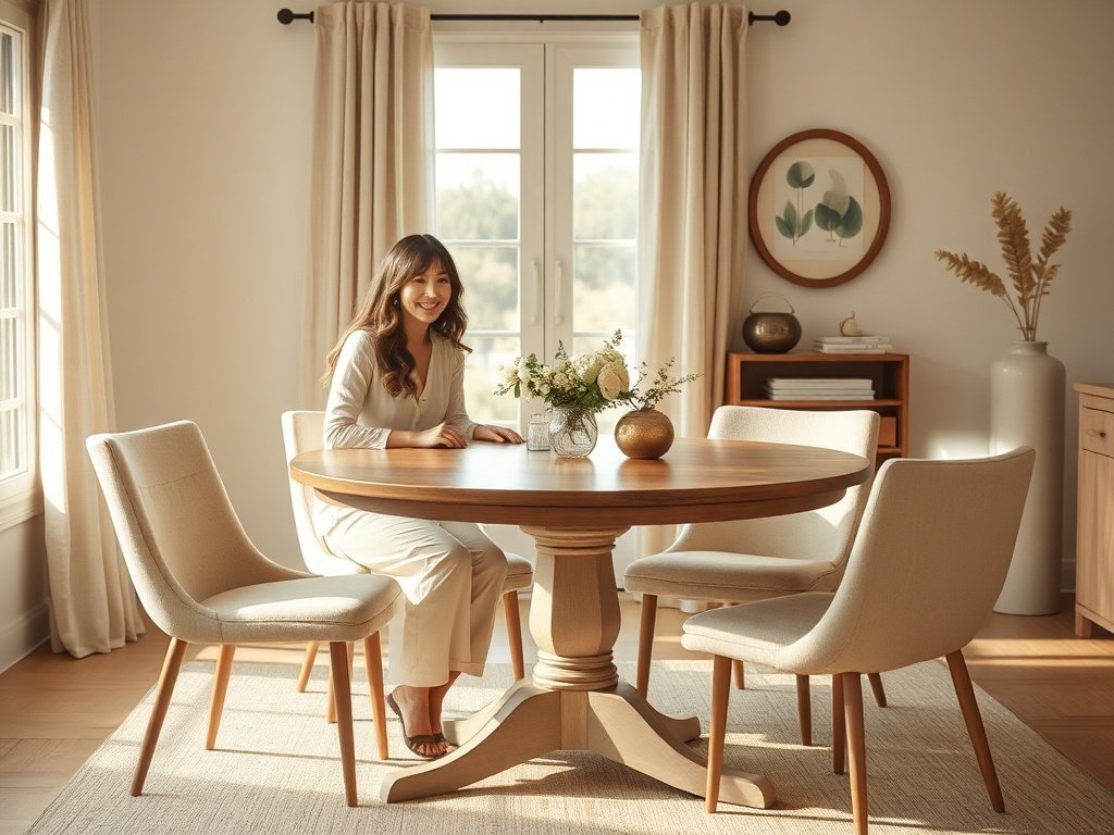 How a 39″-55″ round extendable table can turn a cramped dining corner into a 6-seat Japandi-coastal gathering space
