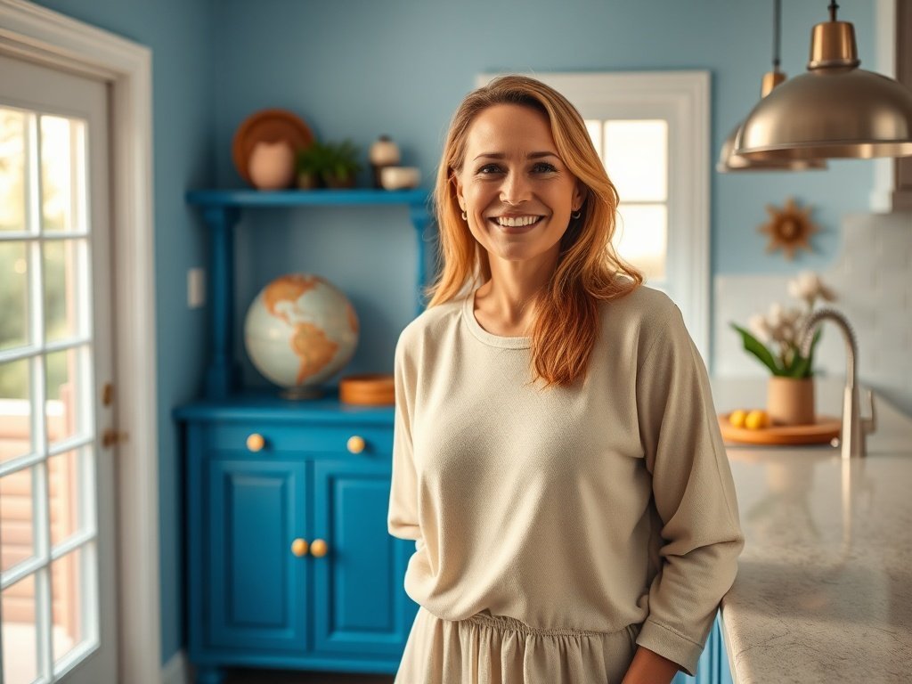 Turn a plain blue kitchen into a designer-worthy focal point with one 60″ storage piece