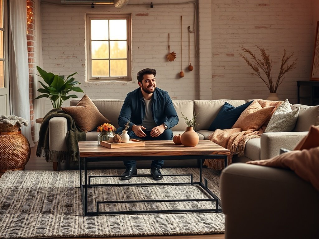 How a 47″ industrial coffee table can make a fall living room feel curated, warmer, and instantly more finished