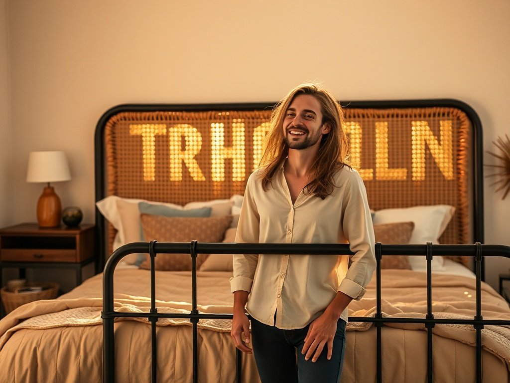 Turn a plain full bedroom into a boho-industrial retreat with one rattan-and-metal bed frame