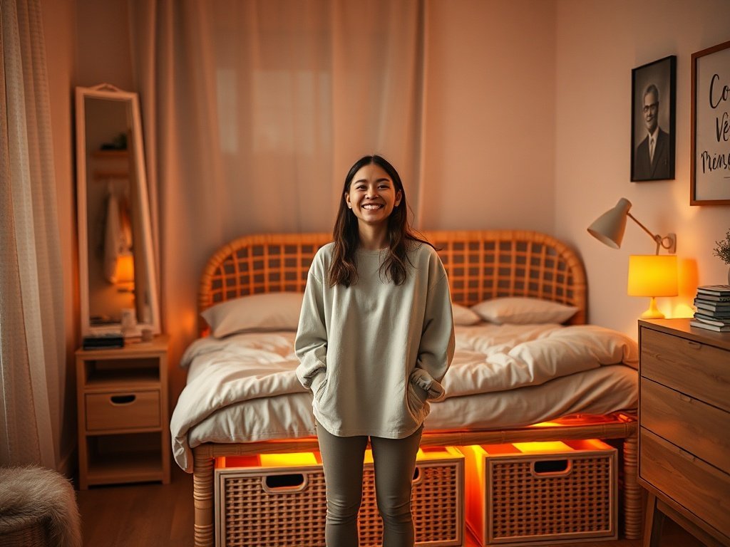 Turn a cramped dorm into a Japandi-style sanctuary with one bed frame that hides clutter, softens the room, and adds a warm glow