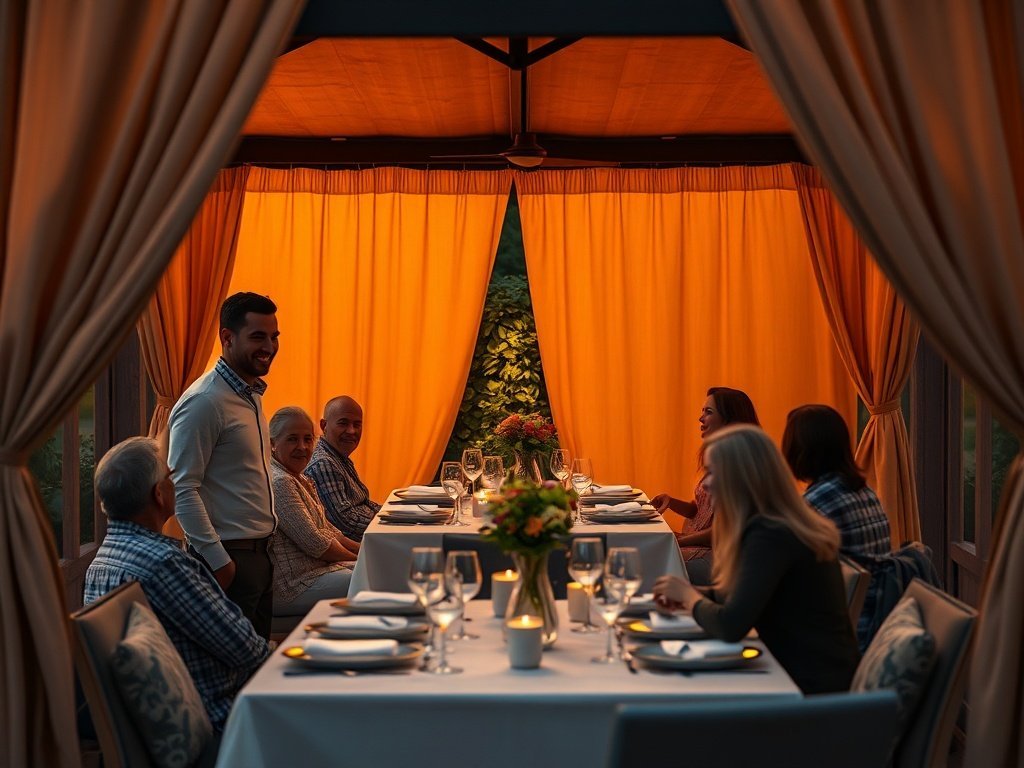 Turn a 10′ x 12′ backyard gazebo into a private dinner-party room with 4-panel curtains