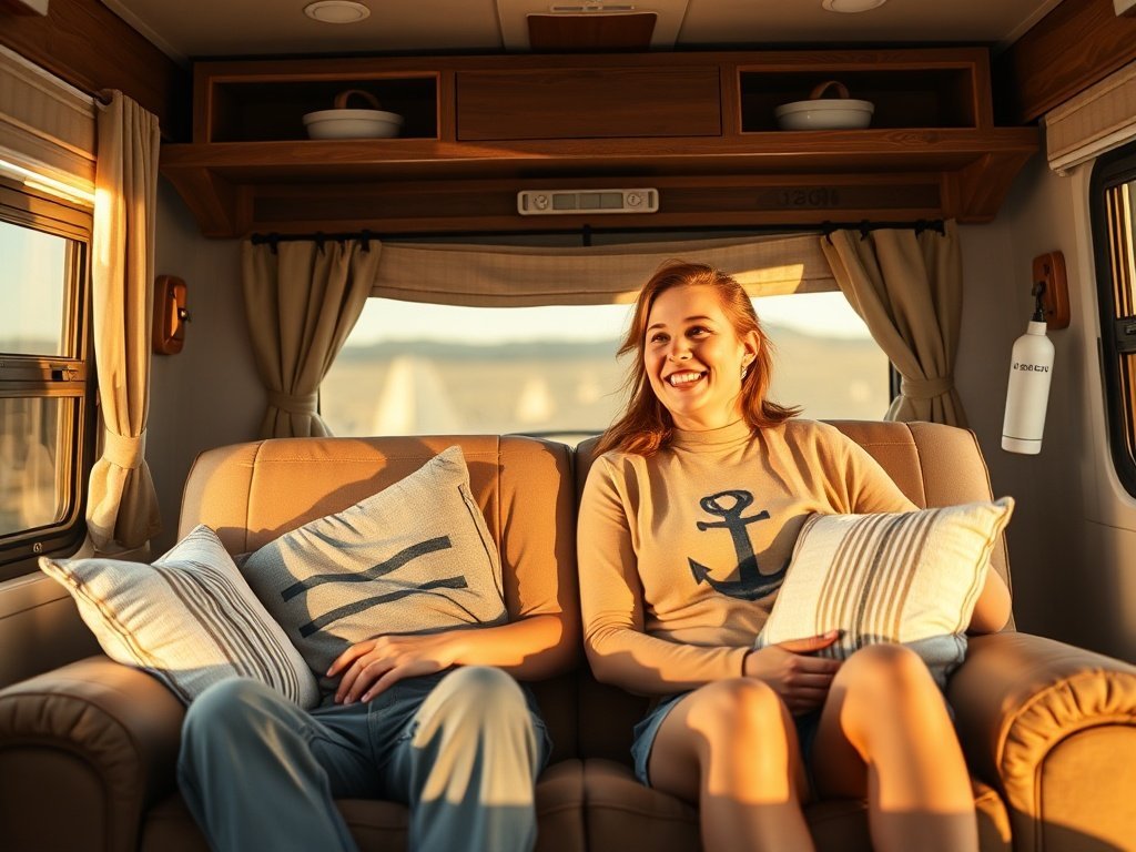 How a $399 Wall-Hugger Recliner Loveseat Turns a Tight RV Into a 2-Person Coastal Lounge
