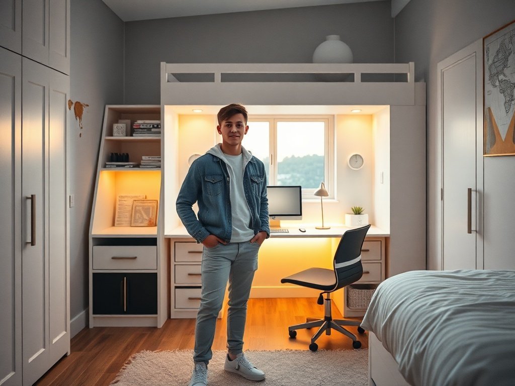 Turn a cramped teen bedroom into a sleep, study, and storage zone with one loft bed that reclaims floor space