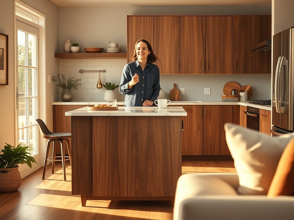 Turn a cluttered kitchen corner into a mid-century focal point with one 60-inch island that hides the mess and elevates the room