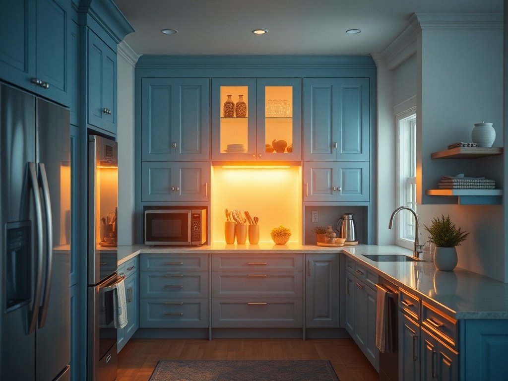 How a 71-Inch Blue Pantry Cabinet Can Add Storage, a Microwave Stand, and Charging in One Piece
