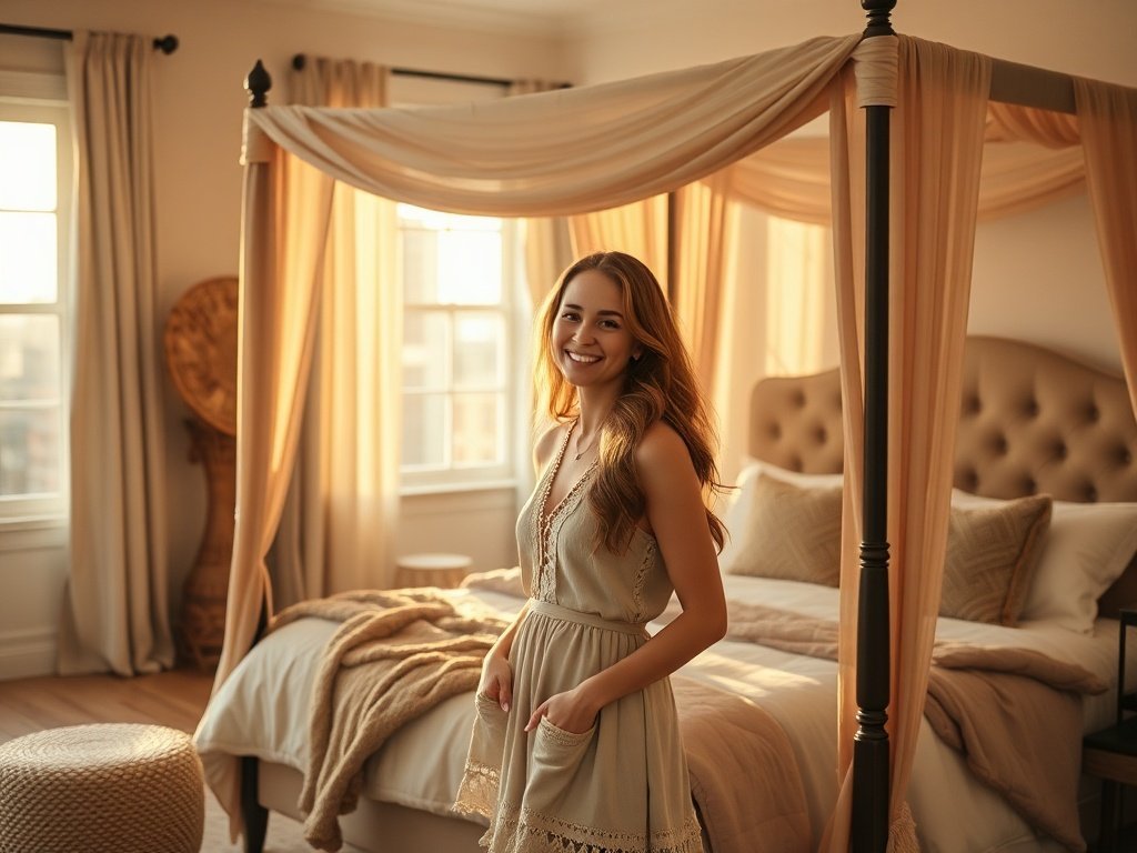 How a beige canopy bed can turn a plain bedroom into a cozy boho retreat in one upgrade