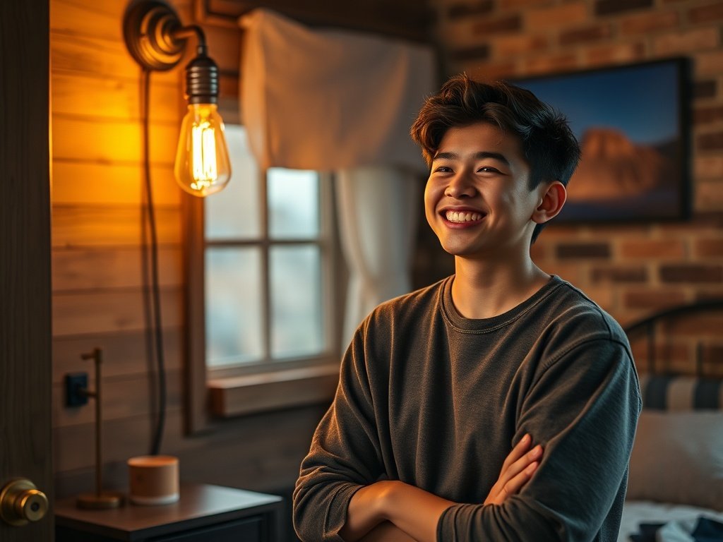 Turn a cramped steampunk nook into a cinematic retreat with one plug-in wall light