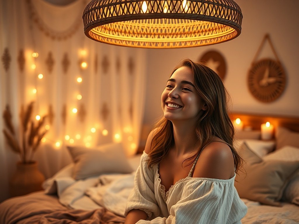 How a 24″ hand-woven boho chandelier can make a bedroom feel finished in one afternoon