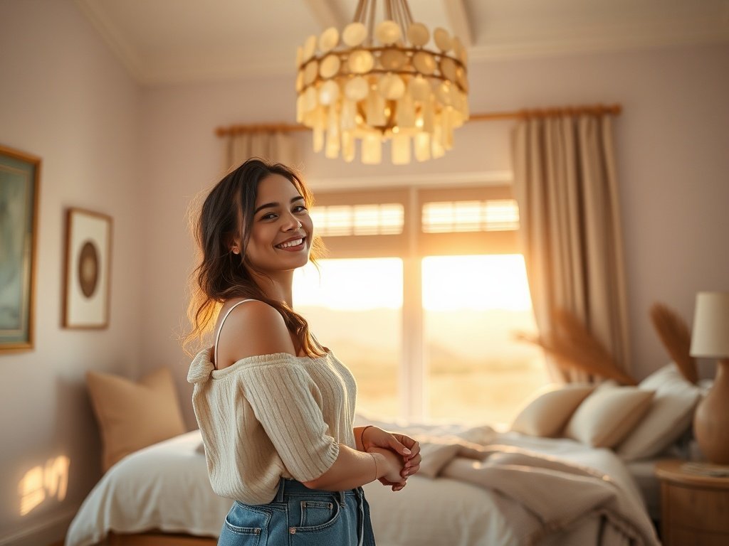 Turn a plain bedroom into a coastal-glam statement with one 24-inch chandelier that changes the whole room