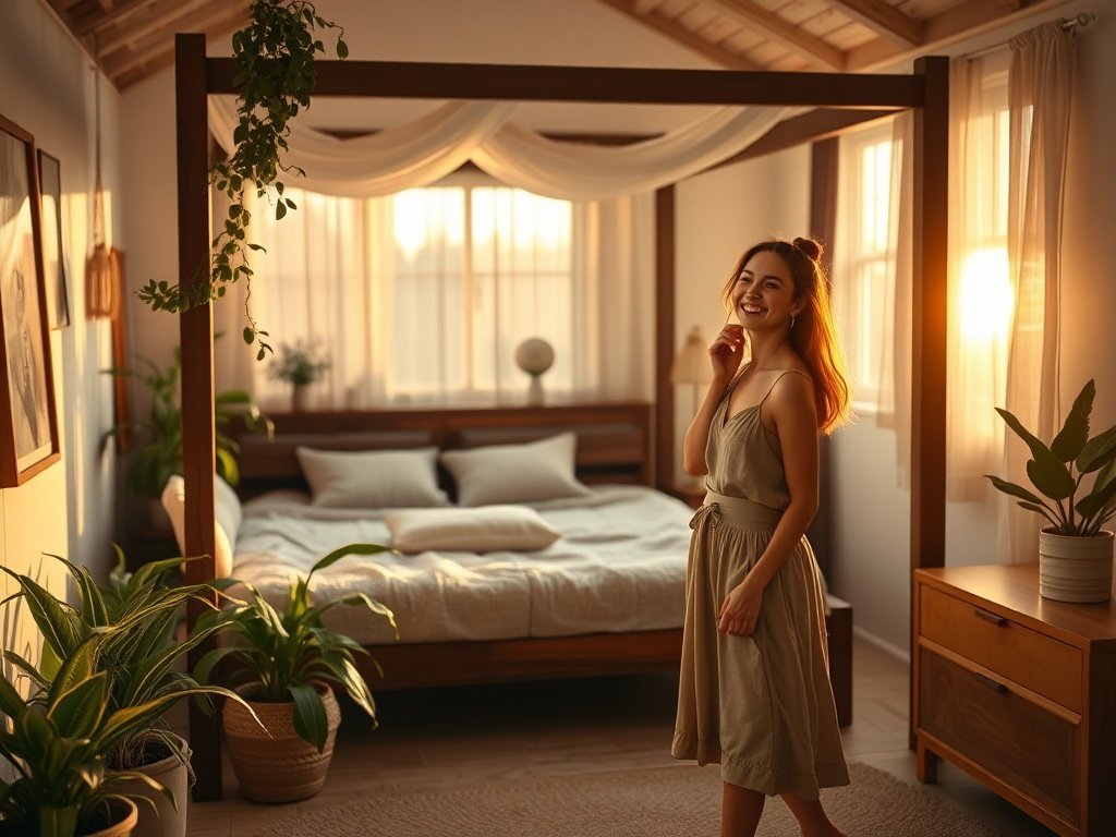 Turn a tiny loft into a bohemian retreat with a full-size walnut canopy bed that adds height, storage, and style