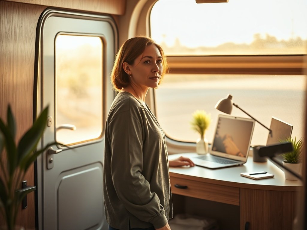 How a 55-inch mid-century desk can turn a cramped van-office corner into a polished command center