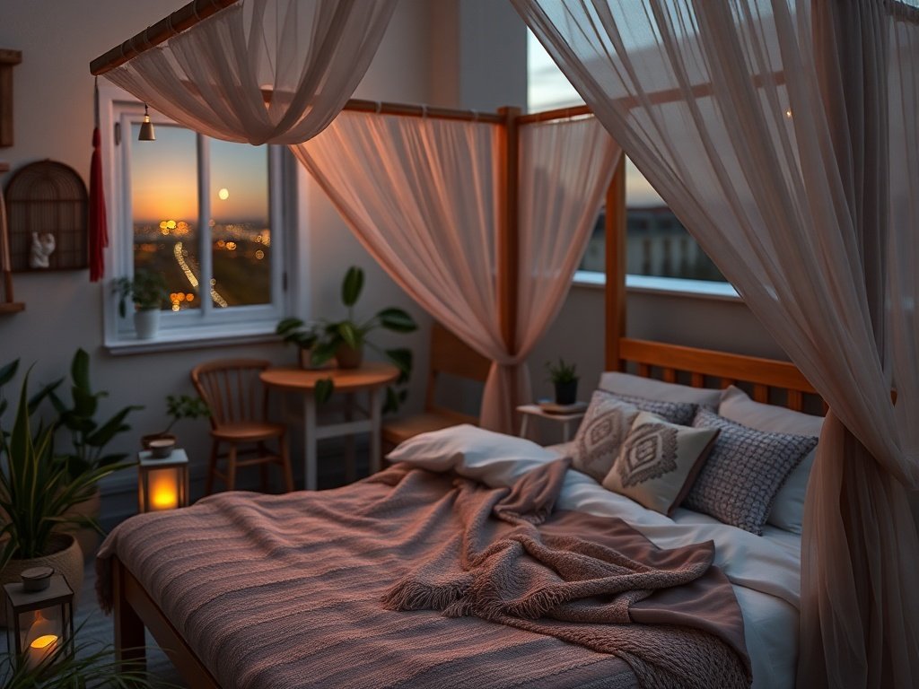Turn a Tiny Rooftop Bedroom Into a Bohemian Stargazer Retreat With One Queen Canopy Bed Frame
