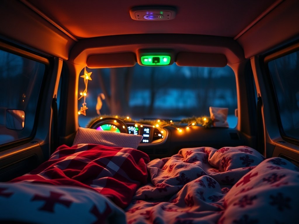 Turn a plain van into a Christmas-ready cozy bedroom in 10 minutes with one $10.92 light kit