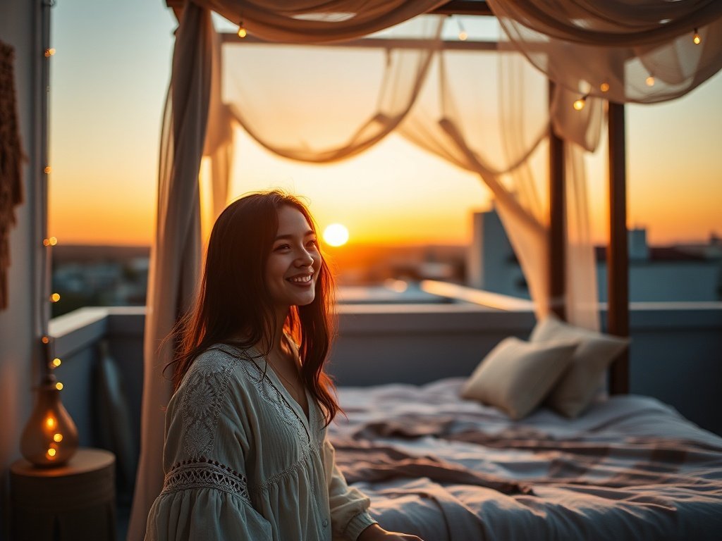 Turn a 5×8 Rooftop Bedroom Into a Bohemian Retreat With a Walnut Queen Canopy Bed and Hidden Storage