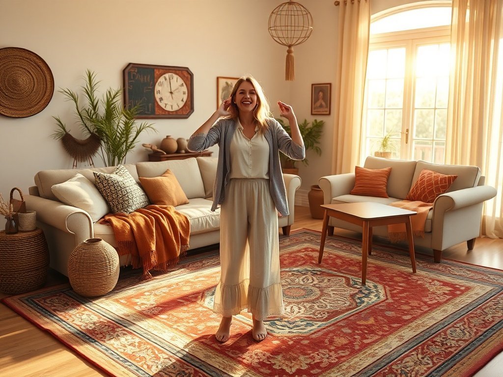 How an 8’10” x 12′ boho vintage rug can make a plain living room feel warm, finished, and easier to clean