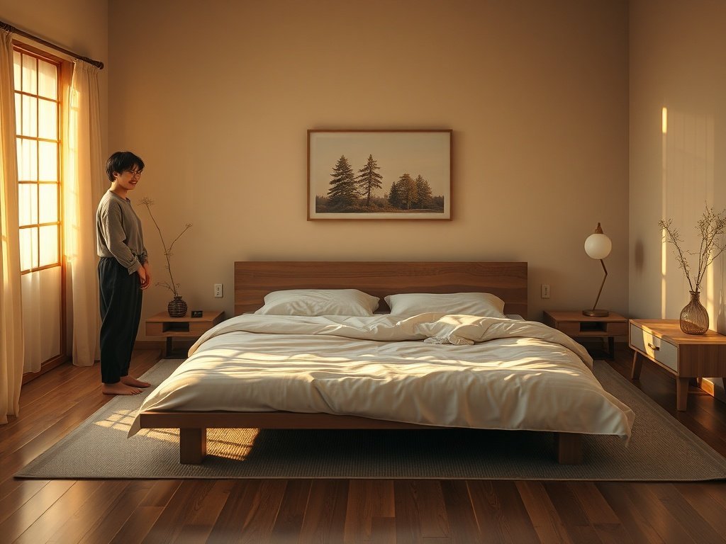 Turn a cramped bedroom into a calmer, larger-feeling Japanese retreat with one low-profile king bed frame