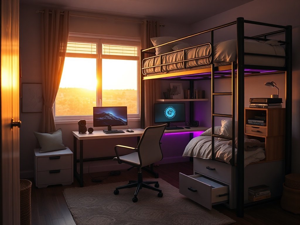 Turn a cramped teen bedroom into a sleep, study, and gaming setup with one space-saving loft bed