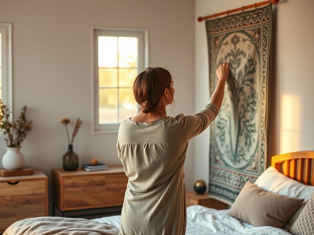 From blank wall to finished room: how one narrow Mucha-style tapestry can transform a small space in minutes