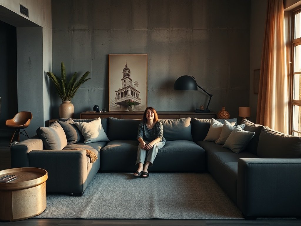 How a 112-Inch U-Shaped Sectional Turns a Brutalist Living Room into a Warm, Liveable Lounge
