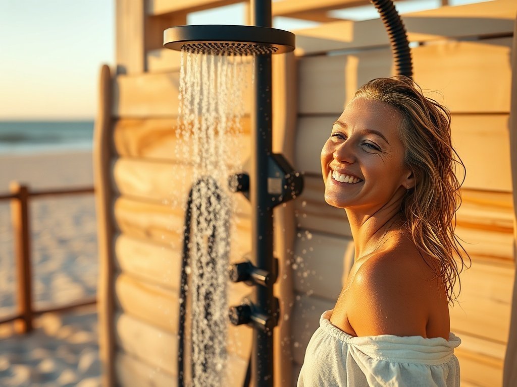 Upgrade a cramped beachfront rinse-off with a compact 31-inch outdoor shower system