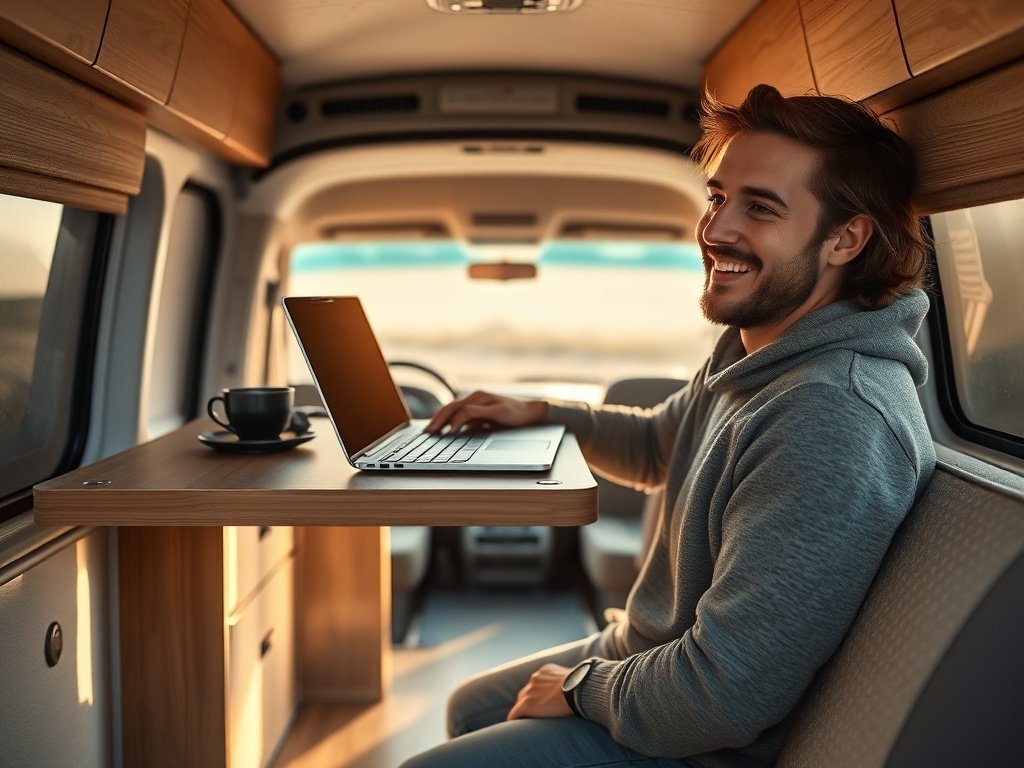 A wall-mounted drop-leaf table can turn a cramped van into a real dining and work zone in minutes