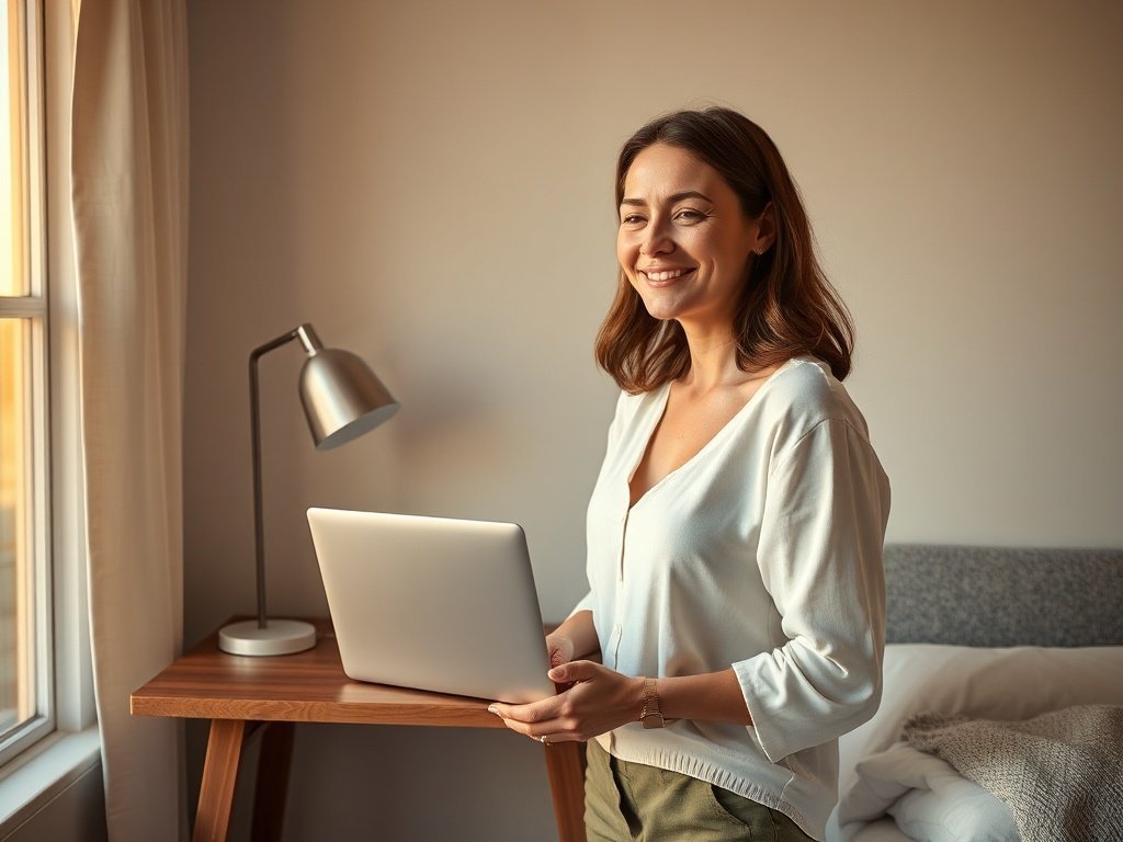 How a 39-inch walnut desk turns a cramped bedroom corner into a polished work zone