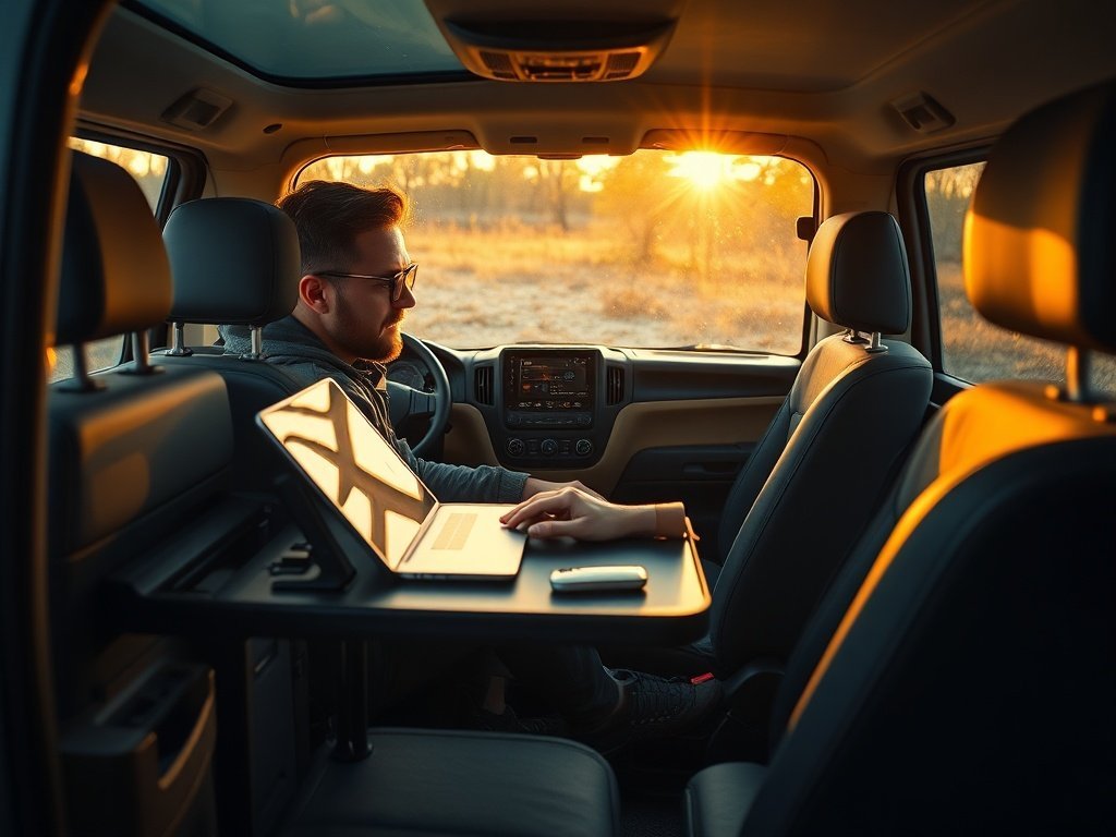 Turn Your Camper Van Into a 1-Seat Mobile Office: The AutoExec Reach Desk Adds Front-Seat Workspace, 400W Power, and Tablet Mounting