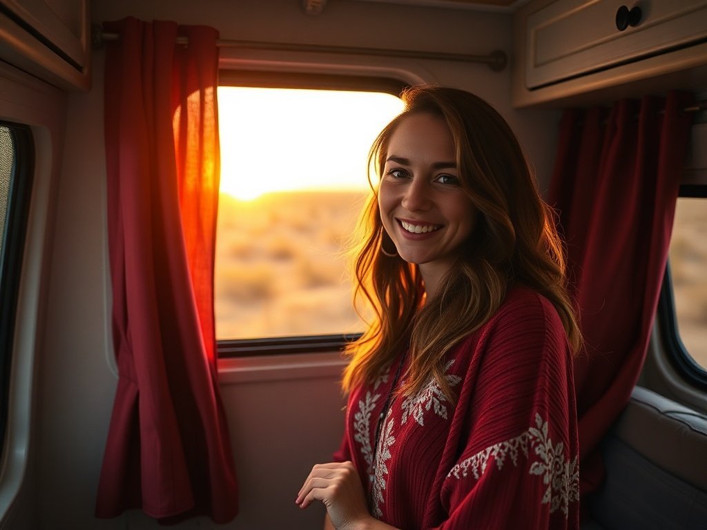 How rust red blackout curtains can make a 34″ x 30″ RV window feel private, warmer, and fully finished
