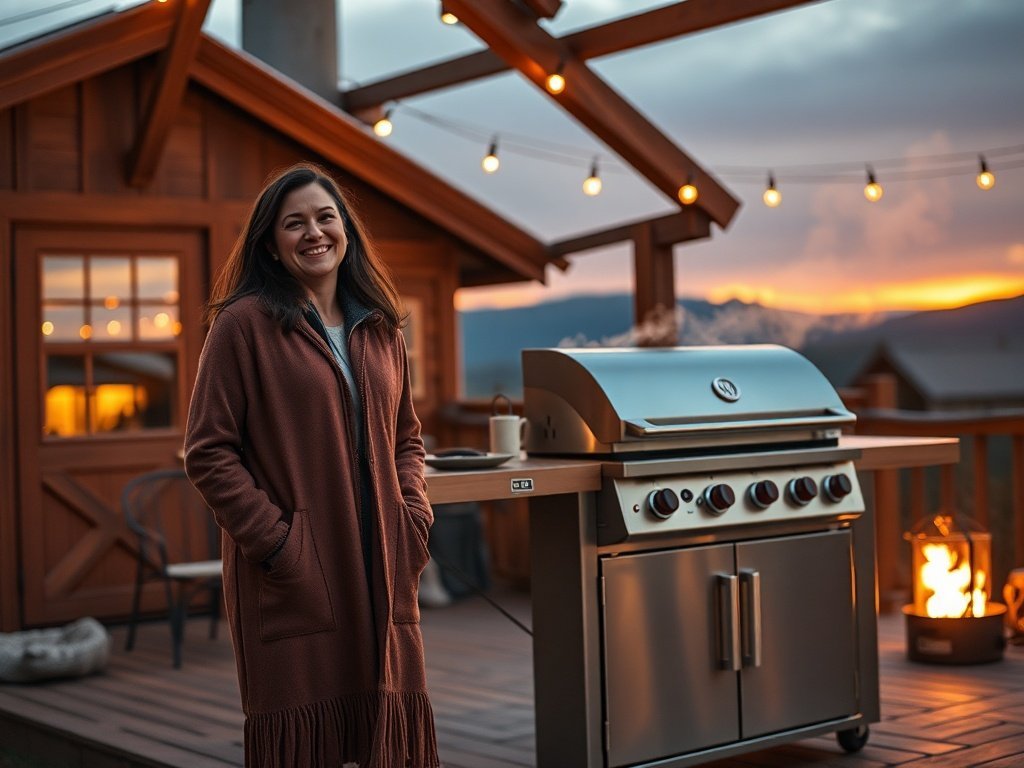 A 6-burner outdoor kitchen island that turns a mountain yurt patio into a real cooking station