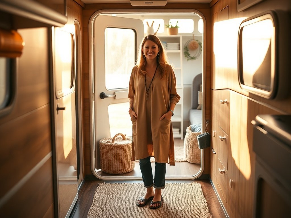 How a $9.99 2×3 washable boho rug can make a camper entryway look finished in minutes