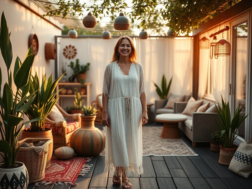 Turn a plain patio into a boho retreat in one weekend with acacia deck tiles that make the floor the focal point