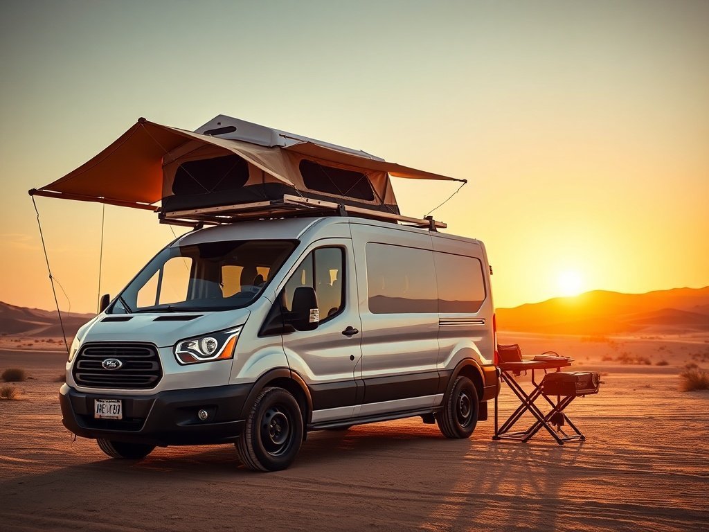 Ford Transit 148″ WB Mid Roof Roof Rack: low-profile aluminum setup for solar, awnings, and desert trips