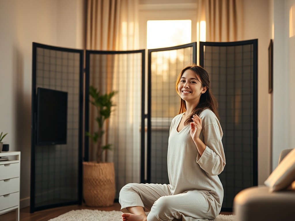 Turn one open corner into a private Zen zone in under 5 minutes with a 4-panel folding room divider