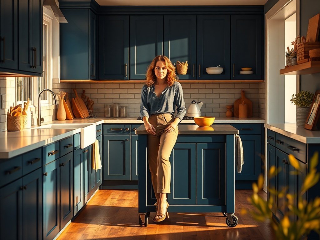 Turn a cluttered kitchen corner into a blue statement island with hidden storage, rolling flexibility, and a 47″ steel prep top