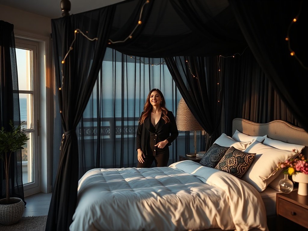 Turn a plain bedroom into a moody seaside sanctuary with one canopy bed curtain and lights for about $30