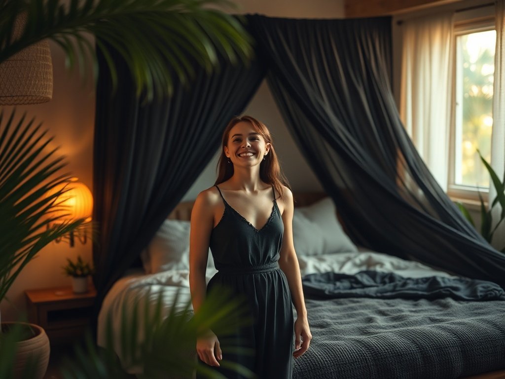 Turn a tiny tropical bedroom into a moody bungalow retreat with one black canopy layer