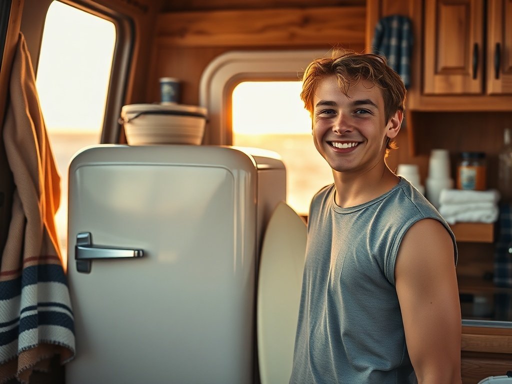 How a 3.2 cu. ft. Retro RV Fridge Can Turn a Cluttered Surf Van Kitchen into a Cleaner, Road-Ready Setup