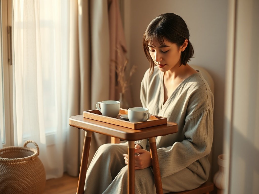 How a 2-piece walnut nesting table set can make a tiny Japandi tea room feel finished, layered, and calm without crowding the floor